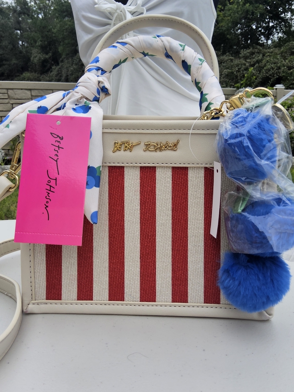 NWT Betsey Johnson Red & Cream Striped Satchel with Blue Pom Charm
